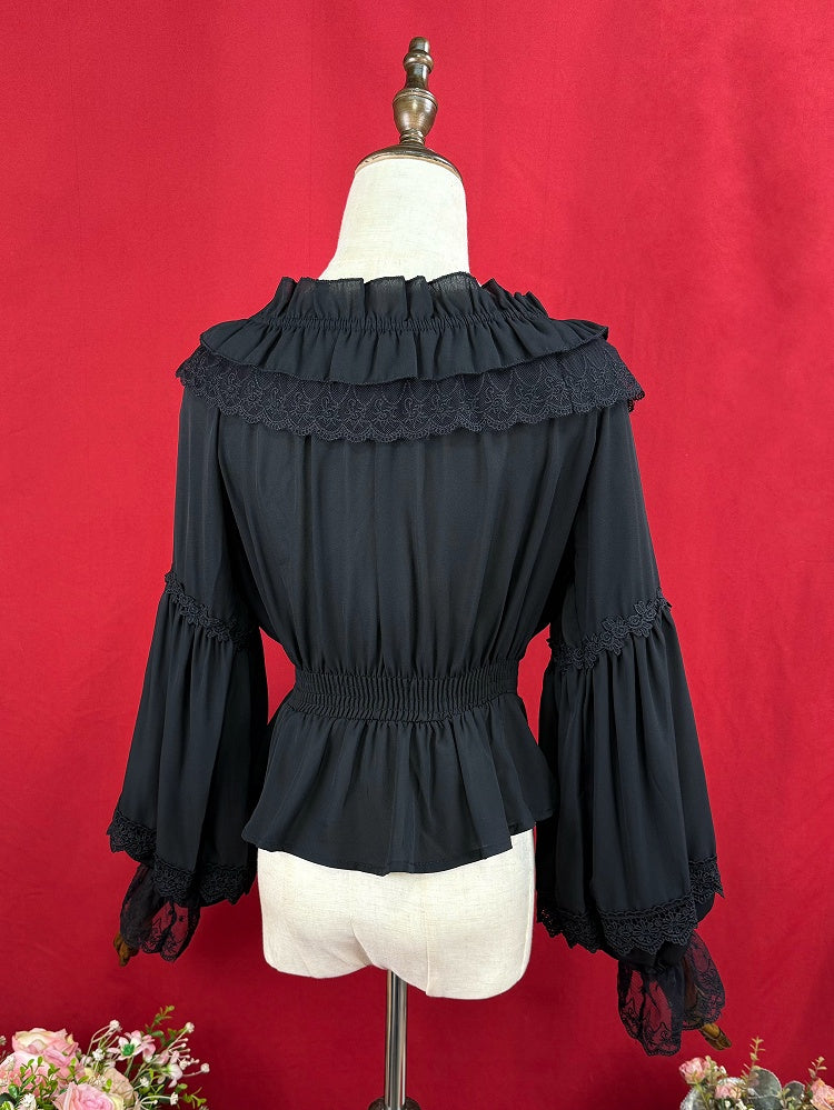 Black Elastic Neckline Chiffon Blouse Smocked Elastic Waist