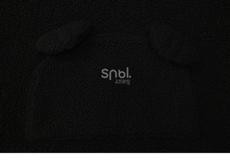 Schwarzer Fleece-Kapuzenpullover mit Katzenkopf