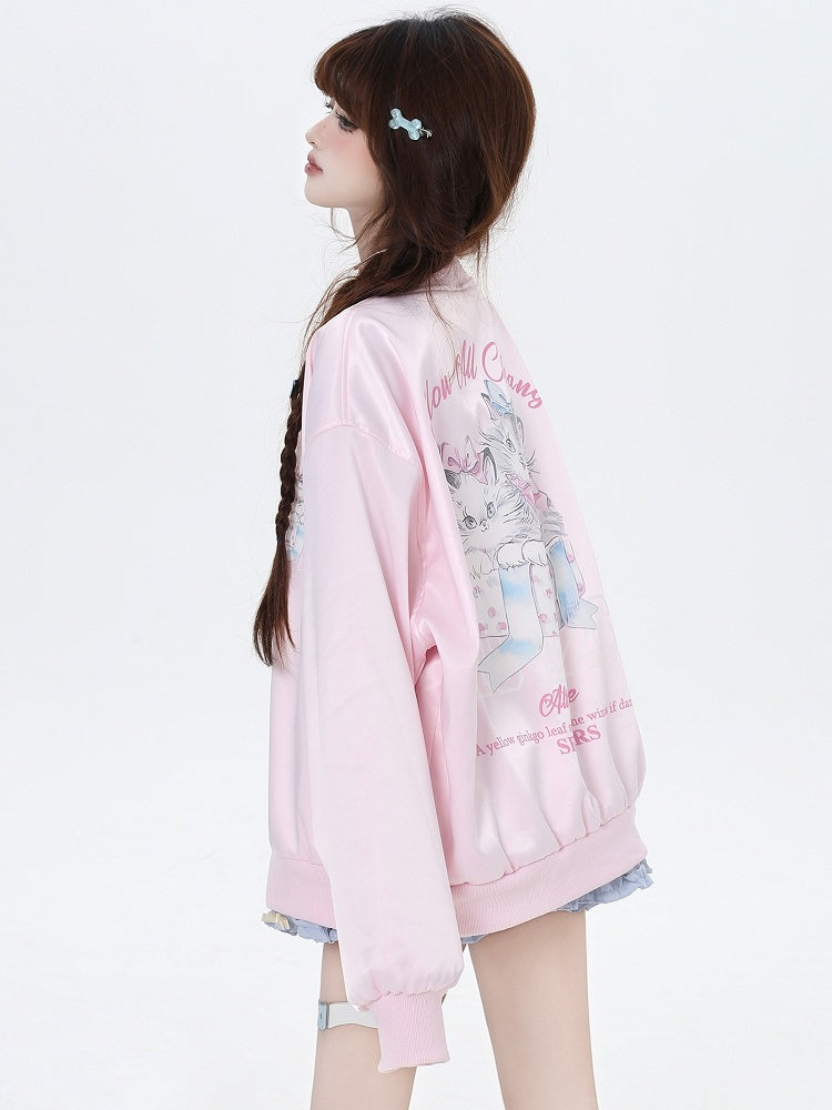 Hellblau/Pink Katzen Frühling Baseballjacke