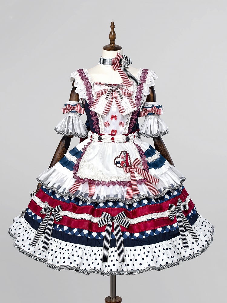 Sweet Bow Skirt Accents Dark Tiered JSK Lolita Full Blue Blueberry Red Set and Cake