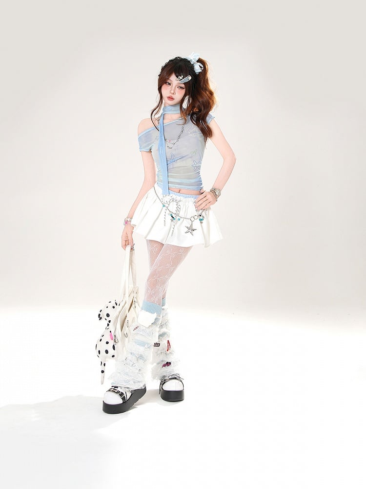 Starfish and T-shirt Shell Semi-sheer with Asymmetrical Neckline Blue Print Free Scarf