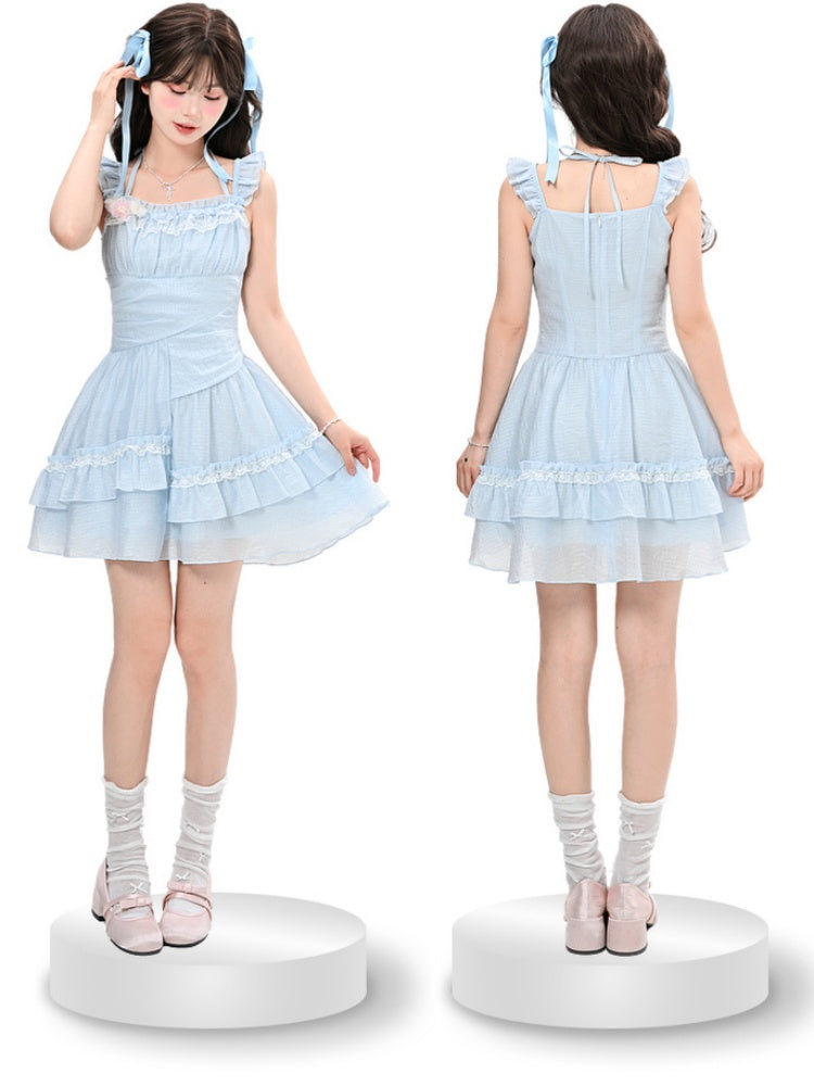 Sleeves Light Blue Flutter Dress Skirt Asymmetrical Chiffon Halter Neck Tiered