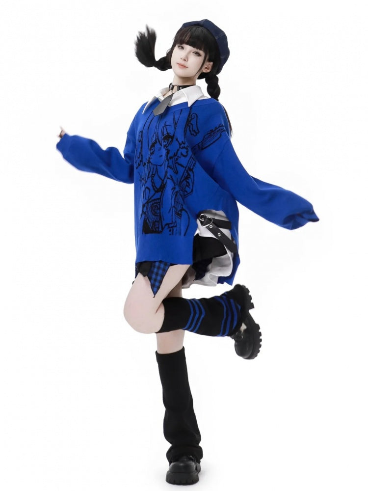 Blauer Pullover mit V-Ausschnitt und Herz-PU-Schnalle im Punkrock-Mädchen-Muster