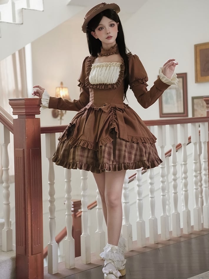 Ausschnitt, kurz, elegant, quadratisch, Kleid, klassisch, Kaffee, Lollita, kariert