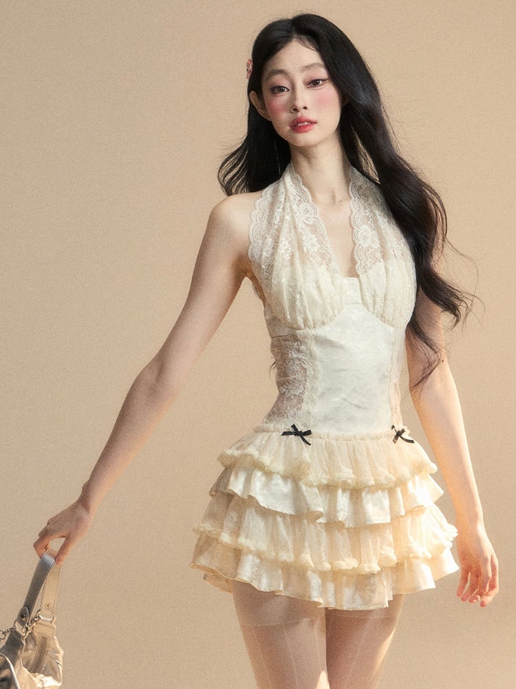 ドレス アプリコット ホルターネック コントラストレースパッチ ティアードフリル