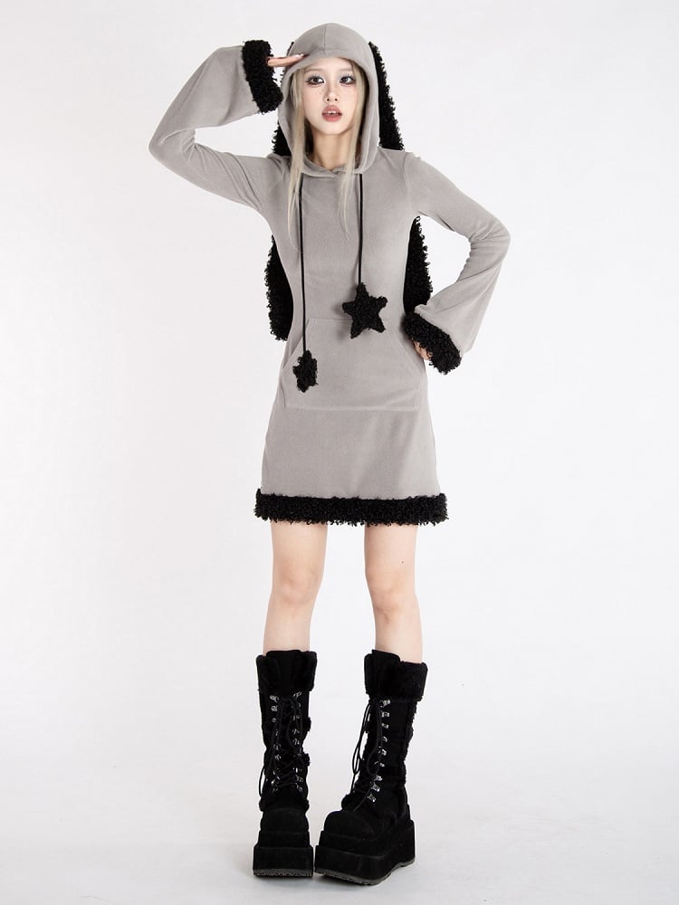 Y2k Gray Bunny Ear Hood Bell Sleeves Plush Trim Dress with Star Straps