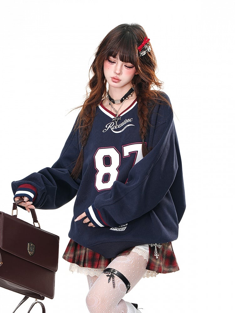 Apricot/Navy Blue V-Neck?Number Print Bittersweet Loose Sweatshirt