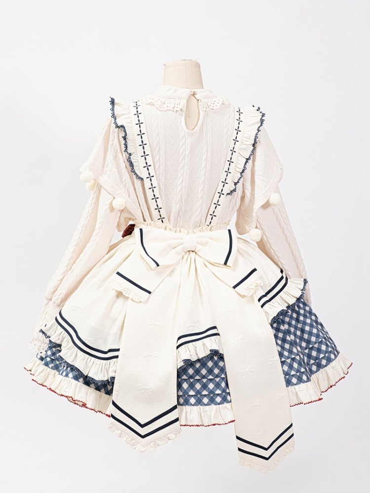 Weißes langärmeliges Strickoberteil, Schürze, blauer Rock mit Karomuster, süßes Lolita-Komplettset
