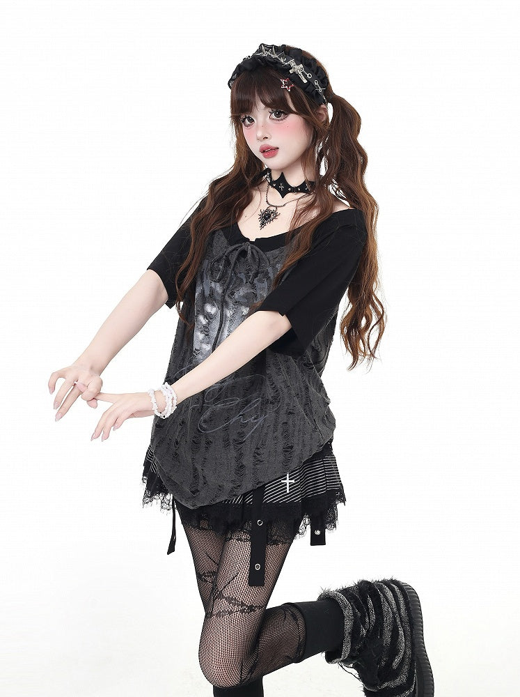 Neckline Gray Distressed Holes Colorblock Design Self-tie Strap Black and Graphic T-shirt
