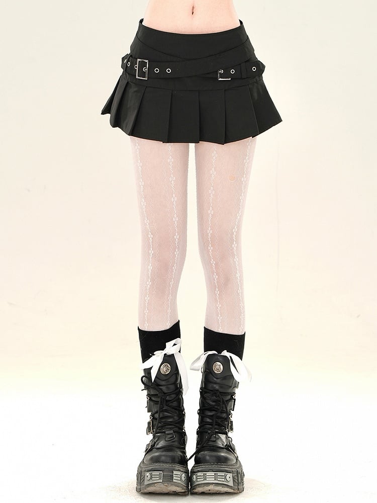 Straps Criss-cross Buckle Black Pleated Mini Skirt