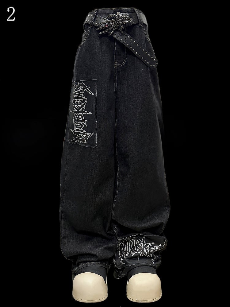 Dark Cut Applique Letter Jeans Blue Straight-leg