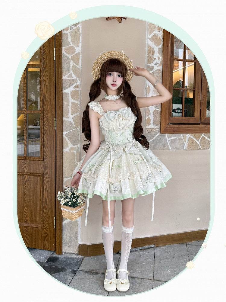 Beads Flutter Sleeves Balletcore Sweet Lolita Jumper Mint Bowknots Skirt and Green Decoration