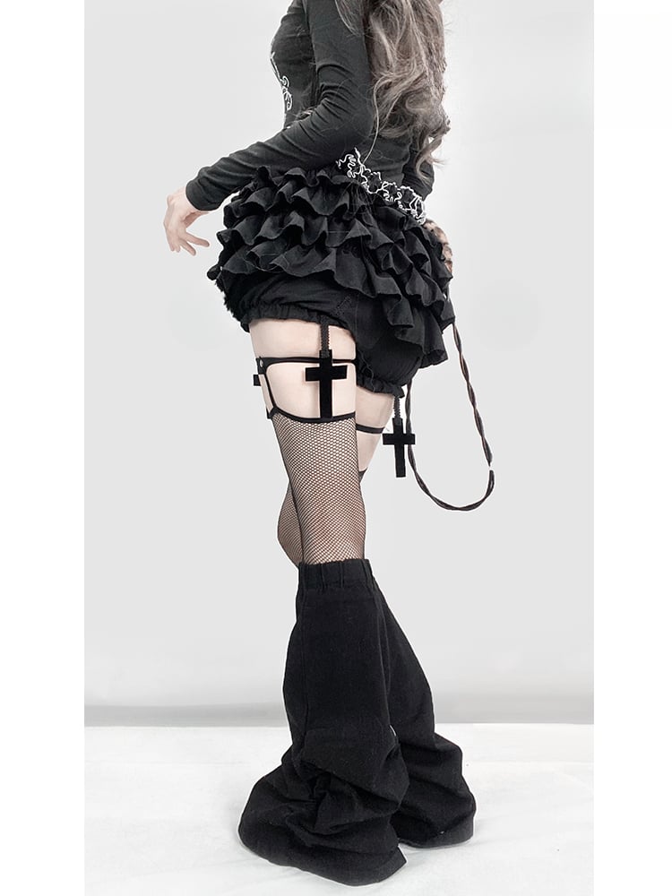 Gothic Schwarz Y2K Hohe Taille Überkreuzter Oberschenkellang Glamourös Gefütterter Stufen-Skort