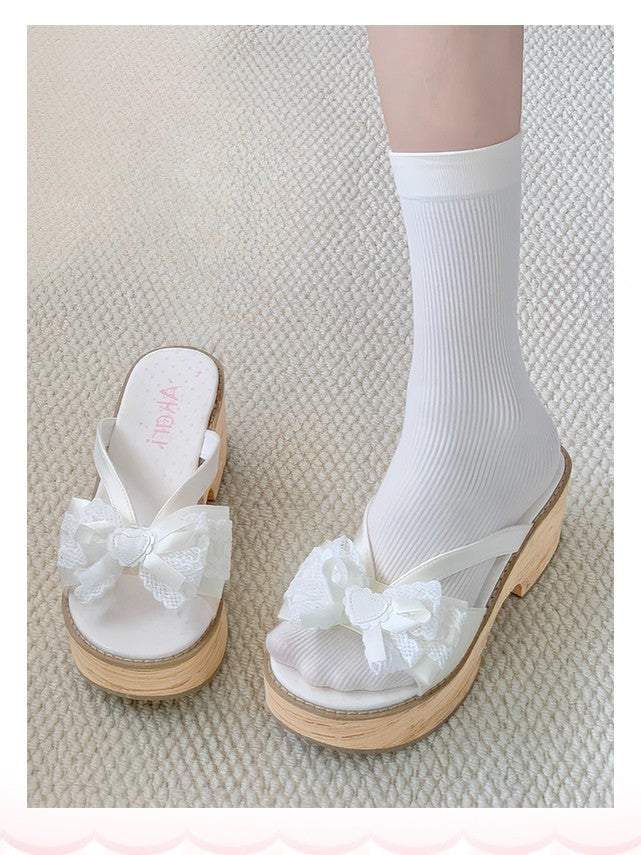 Top Platform Heart - Accent Slippers Bow Off-white Grain Wood with Lolita