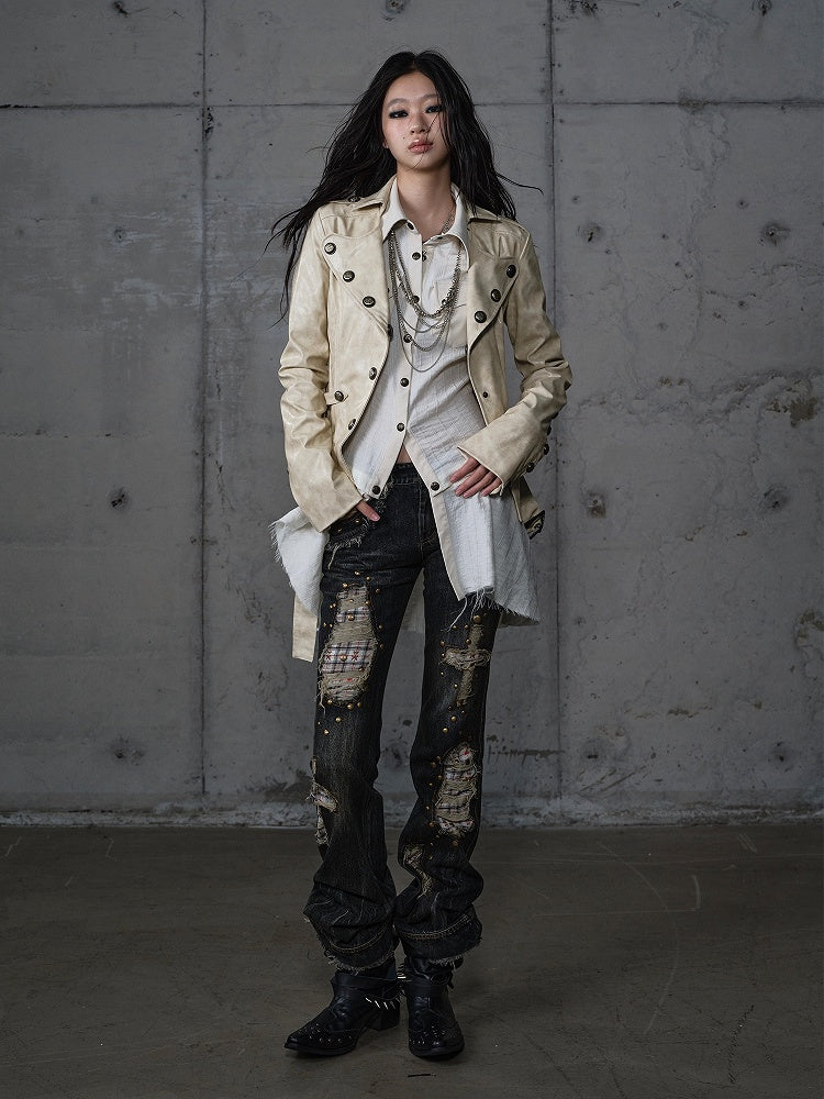 Plaid Distressed Patches Jeans Hem Punk with Frayed Black Wash Cross