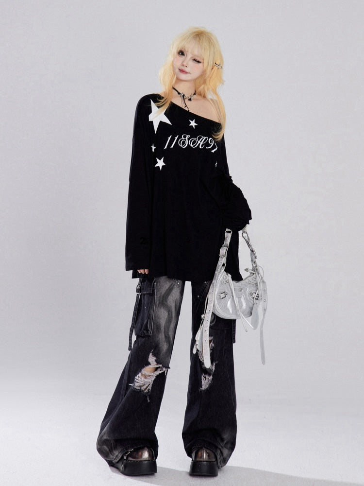 Black Asymmetrical Neckline Letter Print Top Loose