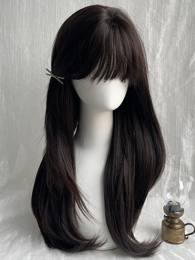 Black Tea Long Straight Synthetic Wig With Full Bangs