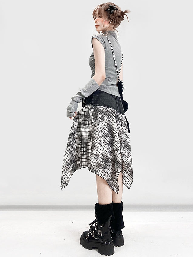 Plaid Handkerchief BlackWhite Y2K Pattern Skirt Hem