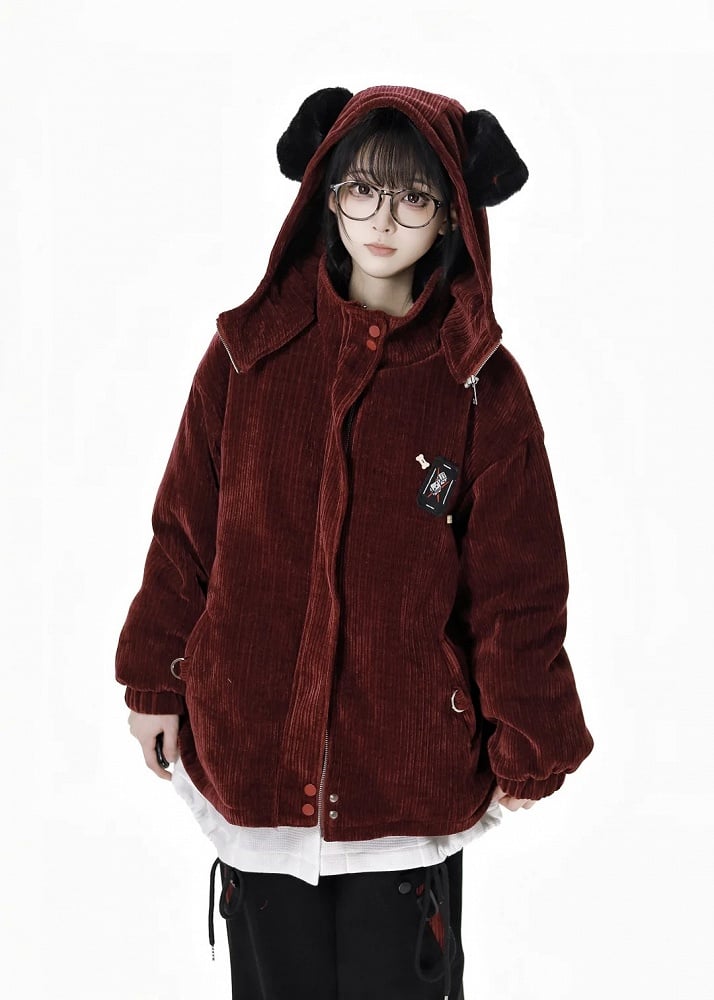 Wine Red High Neck Puppy Ear Hooded Coat