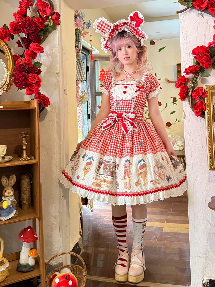 Teddy Red Print Sweet Dress Dessert and Cherry Gingham Lolita
