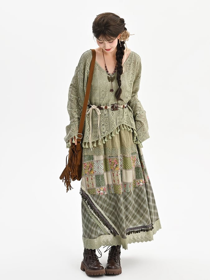 Hem Top with Belt Bohemian Green V-neck Tassels