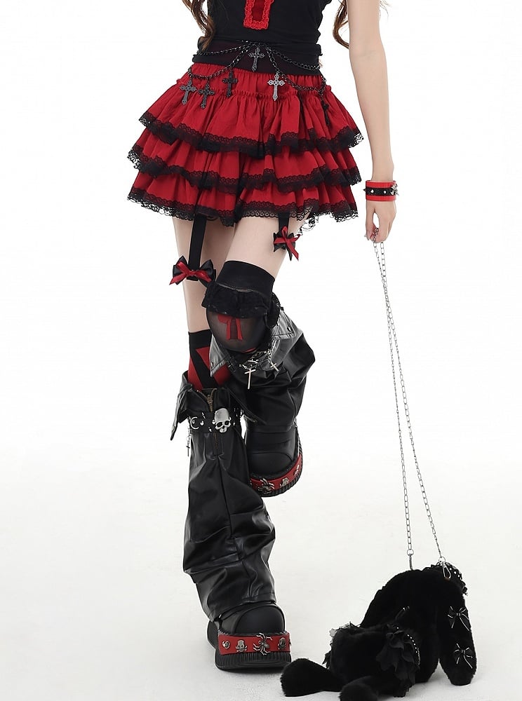 Glamorous Red/Pink/Black Bowknot Y2K Trim Detachable Lace Tiered Skirt with