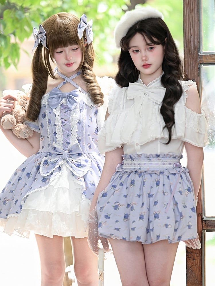Neck Purple Hydrangea Print Open Shoulder Halter Light OP Sweet Lolita Dress