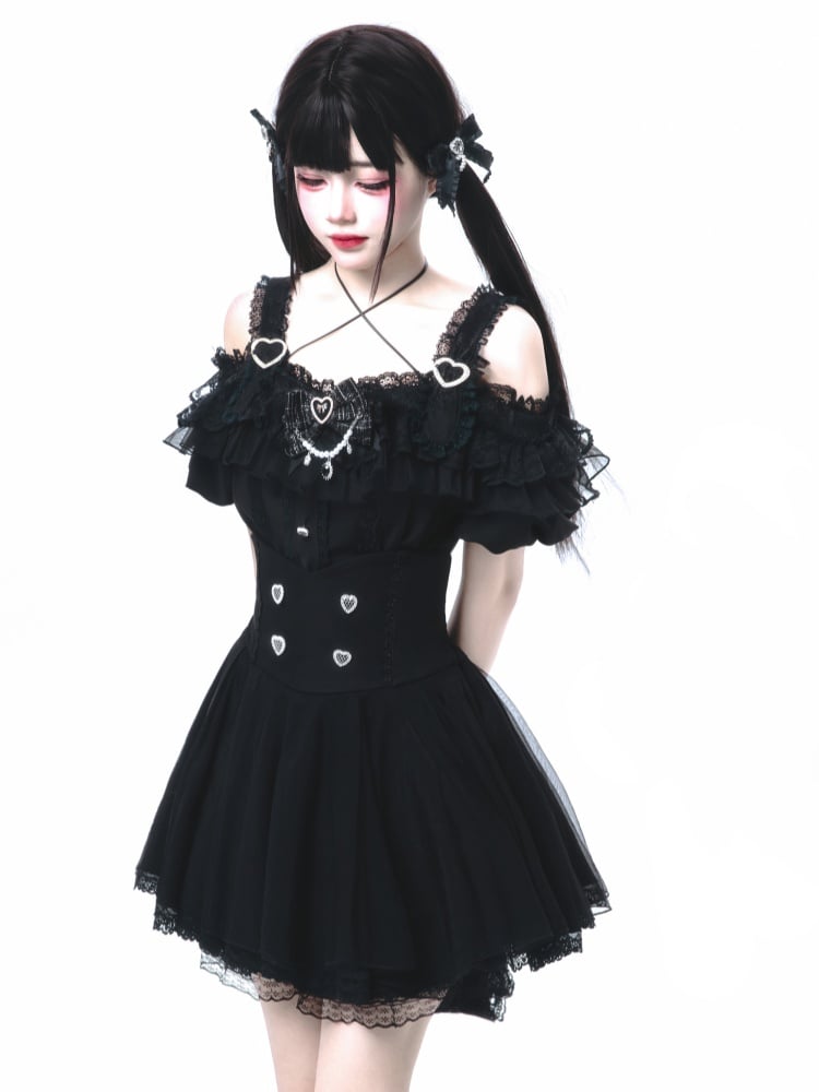 Trim Skirt Buttons Lace Sweetheart with Jirai Kei Black High Waist