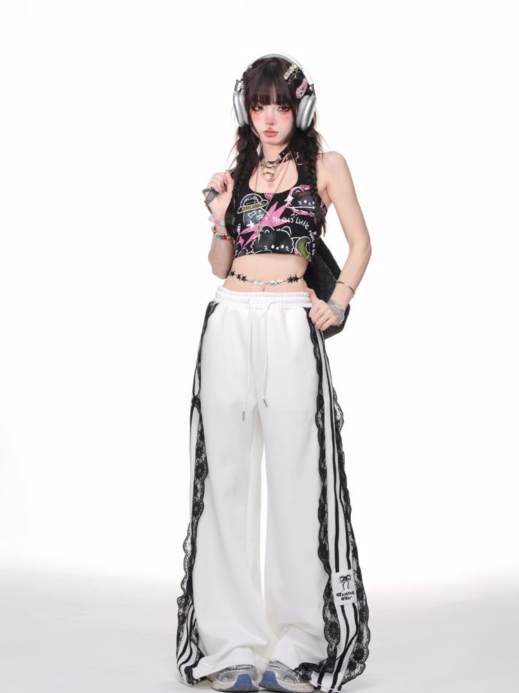 レーストリム ワイドレッグカット ブロックコアパンツ