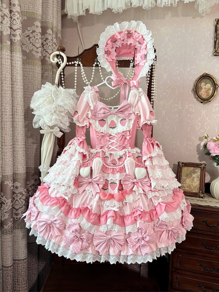 Four-pieces Pink Lolita Sweet Set-Tiered Creamy Strawberry Bunny