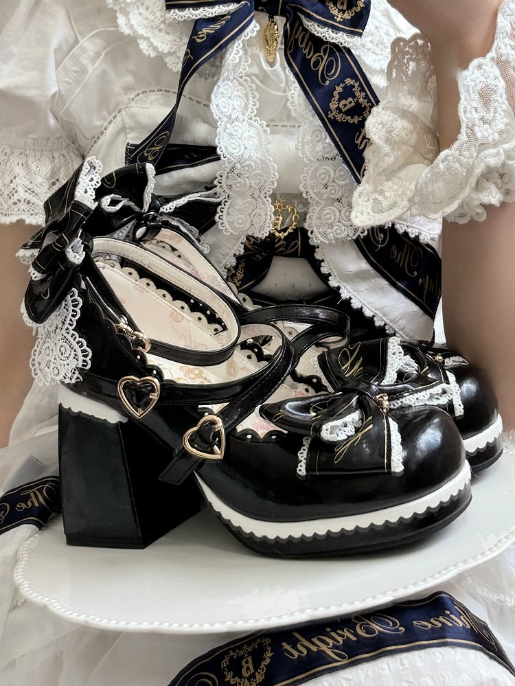 Crisscross Design Heels Bow High Top Block Black Heart Buckles Detachable at