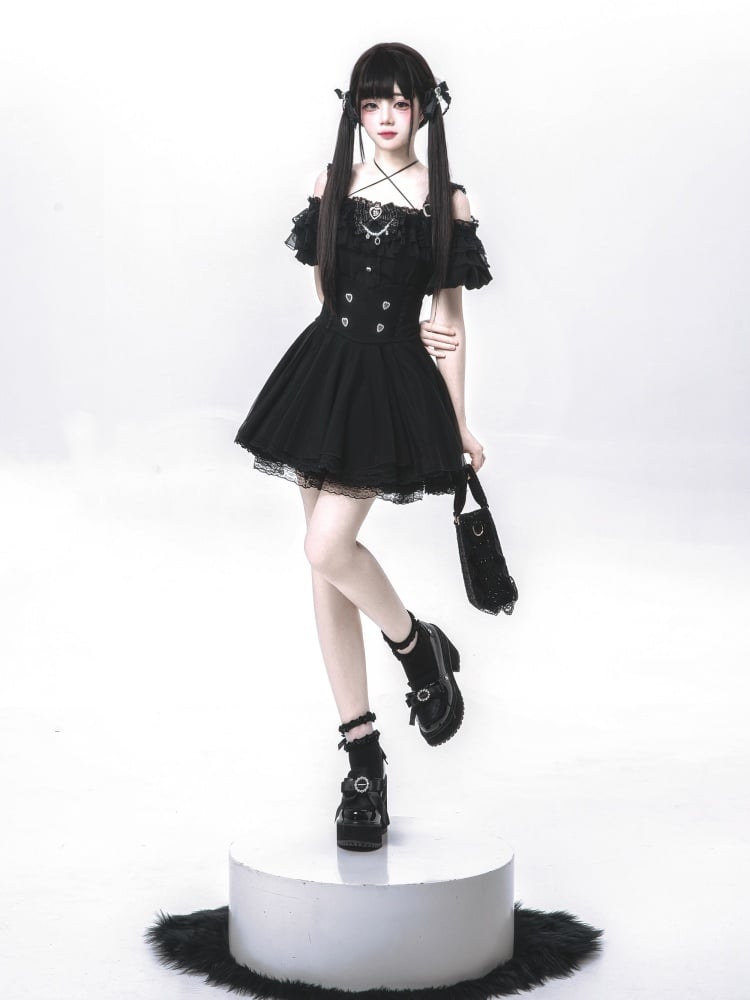 Trim Skirt Buttons Lace Sweetheart with Jirai Kei Black High Waist