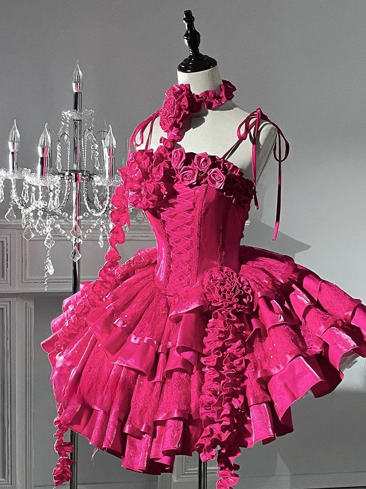 Barbie Boning Tiered Ruffle Roses Sequins Hot Pink Dress Goth Neckline Lolita