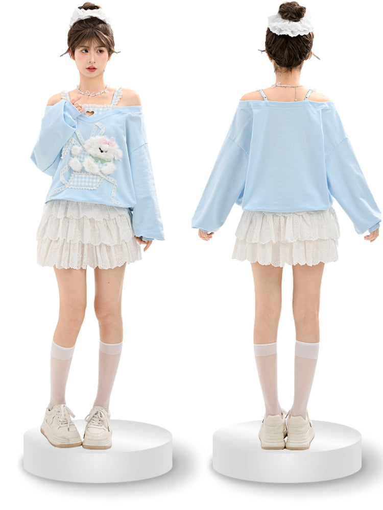 Cutout Shoulder Top Faux Plush Puppy Lace Embellished Blue Plaid Two-pieces