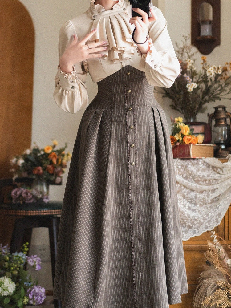 ブラウンの春のエレガントな骨太ハイウエストヴィンテージロリータスカート
