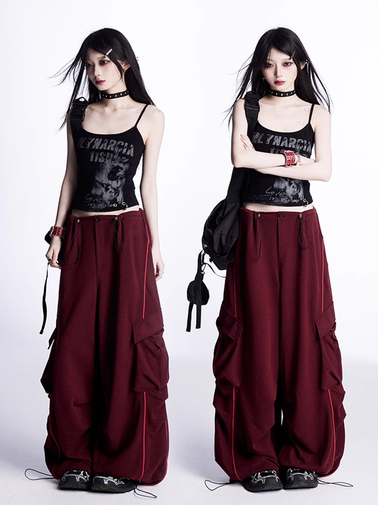 Waist Drawstring Cuffs Wide-Leg Cargo Pants Red Low