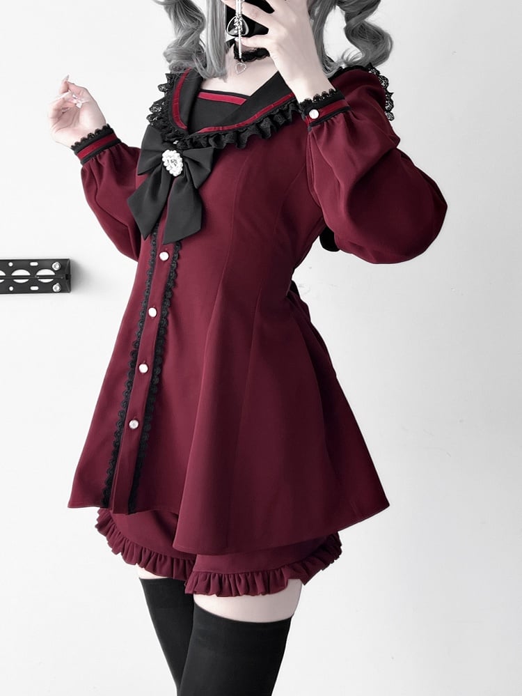 Kei Ears Jirai Red Set- Back Bow Design + Wine Mini Dress + Ruffle Hem Shorts Tie Sailor Collar Bunny