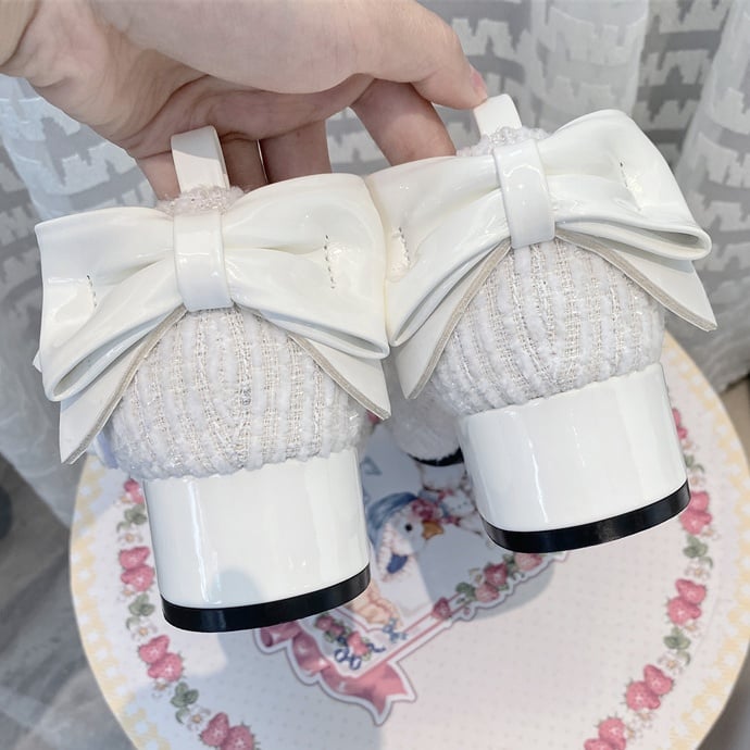 Weiße Lolita Mary Janes mit Schleife und runder Spitze, 3,5 cm Blockabsatz
