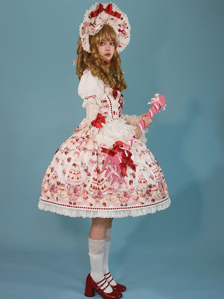 Sweet Bow JSK Full Lolita Accents Print / White Desserts and Set Strawberry