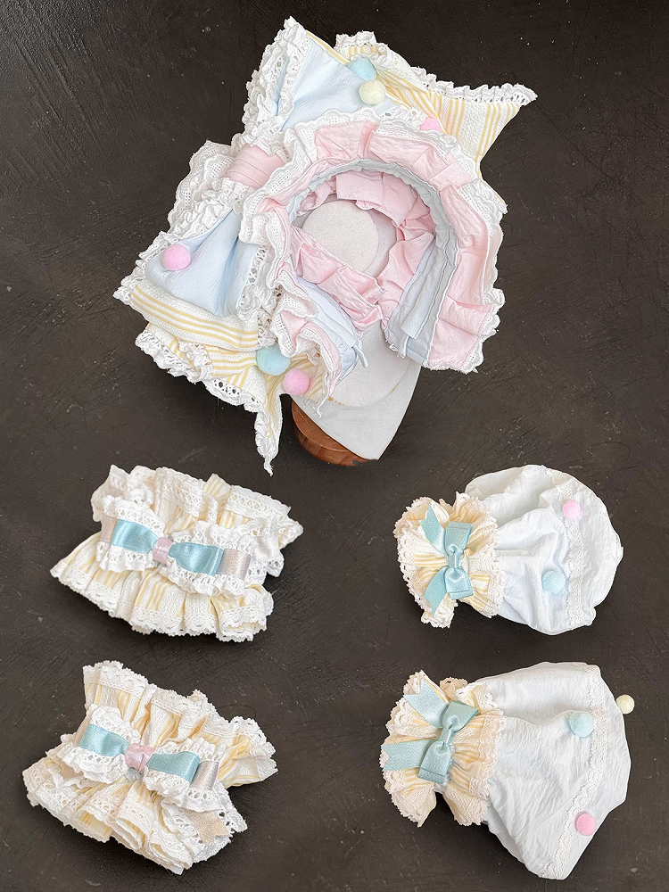 Green Decorated Big Garters Sleeves and Bow Pink Leg Accessory + Lolita Puff KC+ Mint Set-