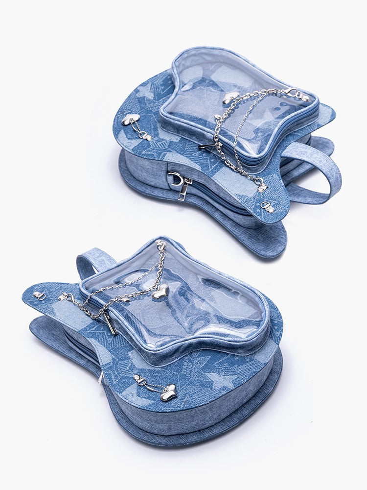 Heart Chain Accents Style Chic 2-Way Kawaii Blue Guitar-Shaped Ita Bag With Y2K