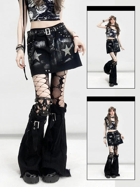 スタークロスアップリケスカートとグラマラスなブラックY2Kラインストーンレッグウォーマー