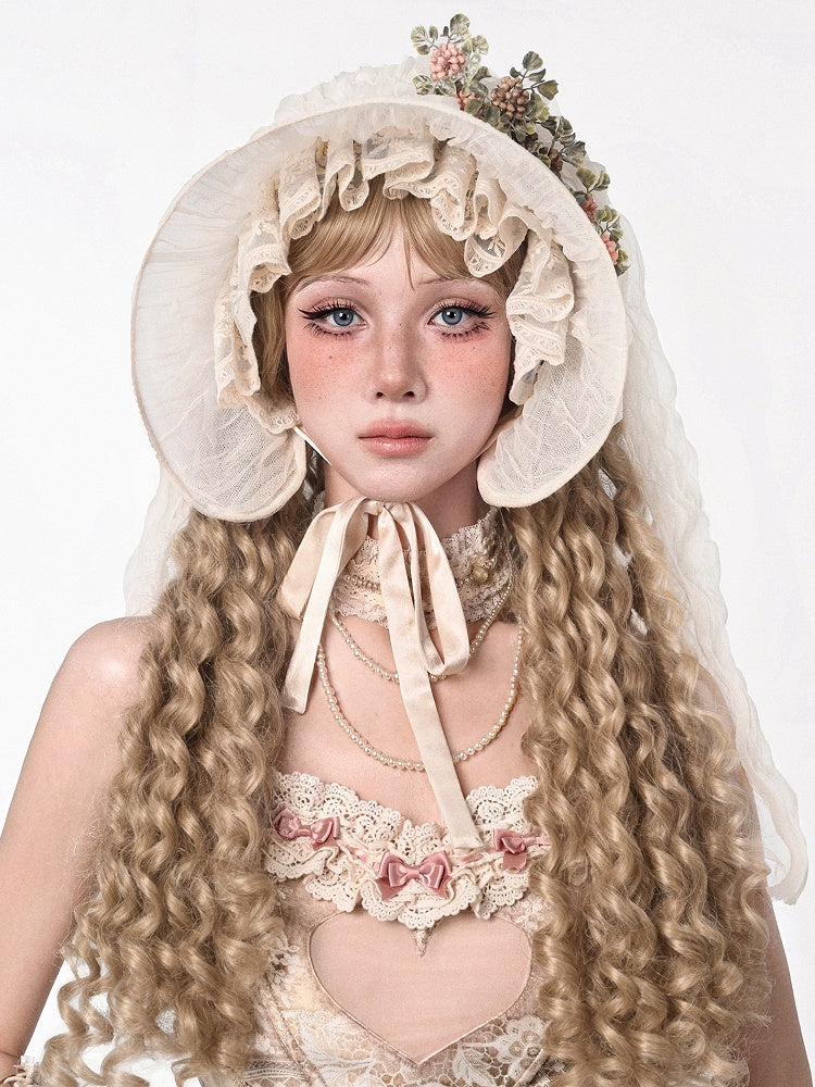 Floral Veil with Design Apricot Vintage Hat