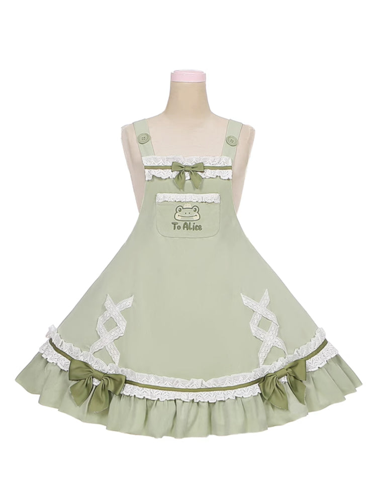 Light Green Frog Embroidery Lace Trim Overalls