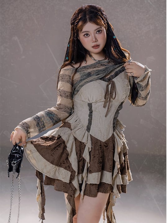 Plus Size Basque Waist Cascading Ruffles Distressed Wasteland Punk Brown Holes Cami Dress