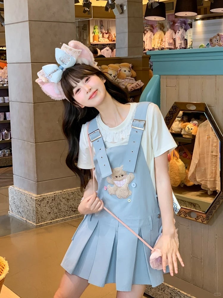 Adjustable Plush Bear Applique Blue Box Pleat Overall Dress Straps Shoulder