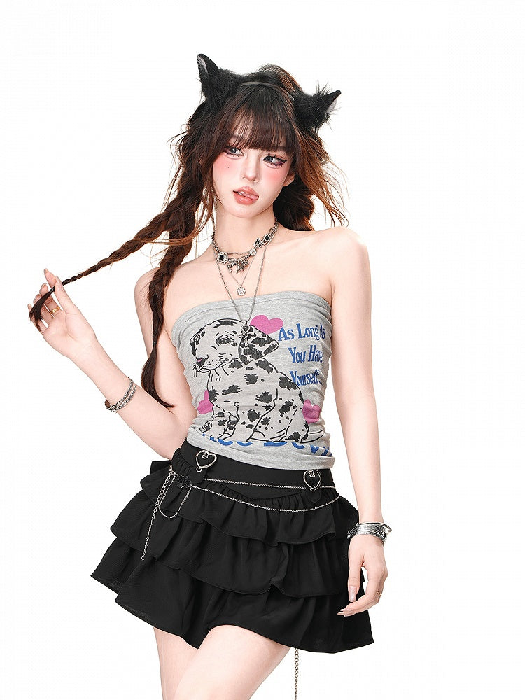 Spotted Dog Print Mesh Patchwork Design Back Gray/Blue Glamorous Strapless Top