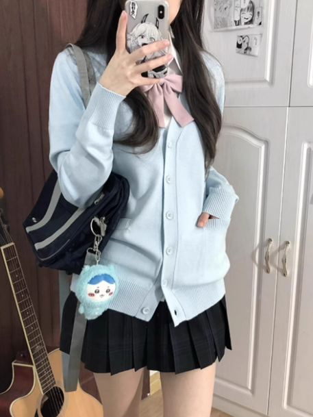 Blue Cardigan V-neck Knitted