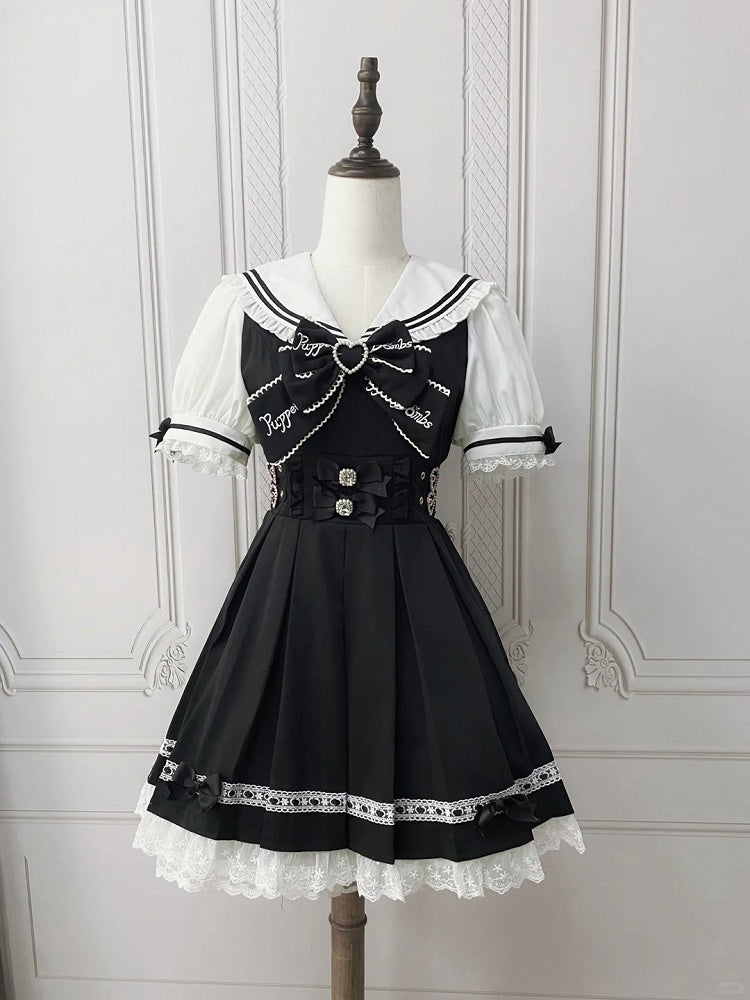 Heart Pink Sailor Collar Jirai Kei Dress Black/Light Back Bow with Self-tie Buckles