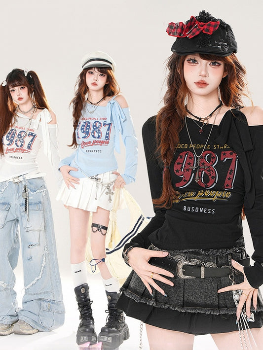 ヴィンテージナンバープリント ブルー/ホワイト/ブラック アシンメトリーネックライン トップス